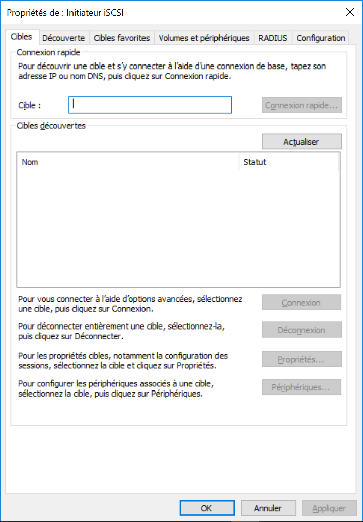 Outil de connexion au serveur iSCSI sous Windows 10